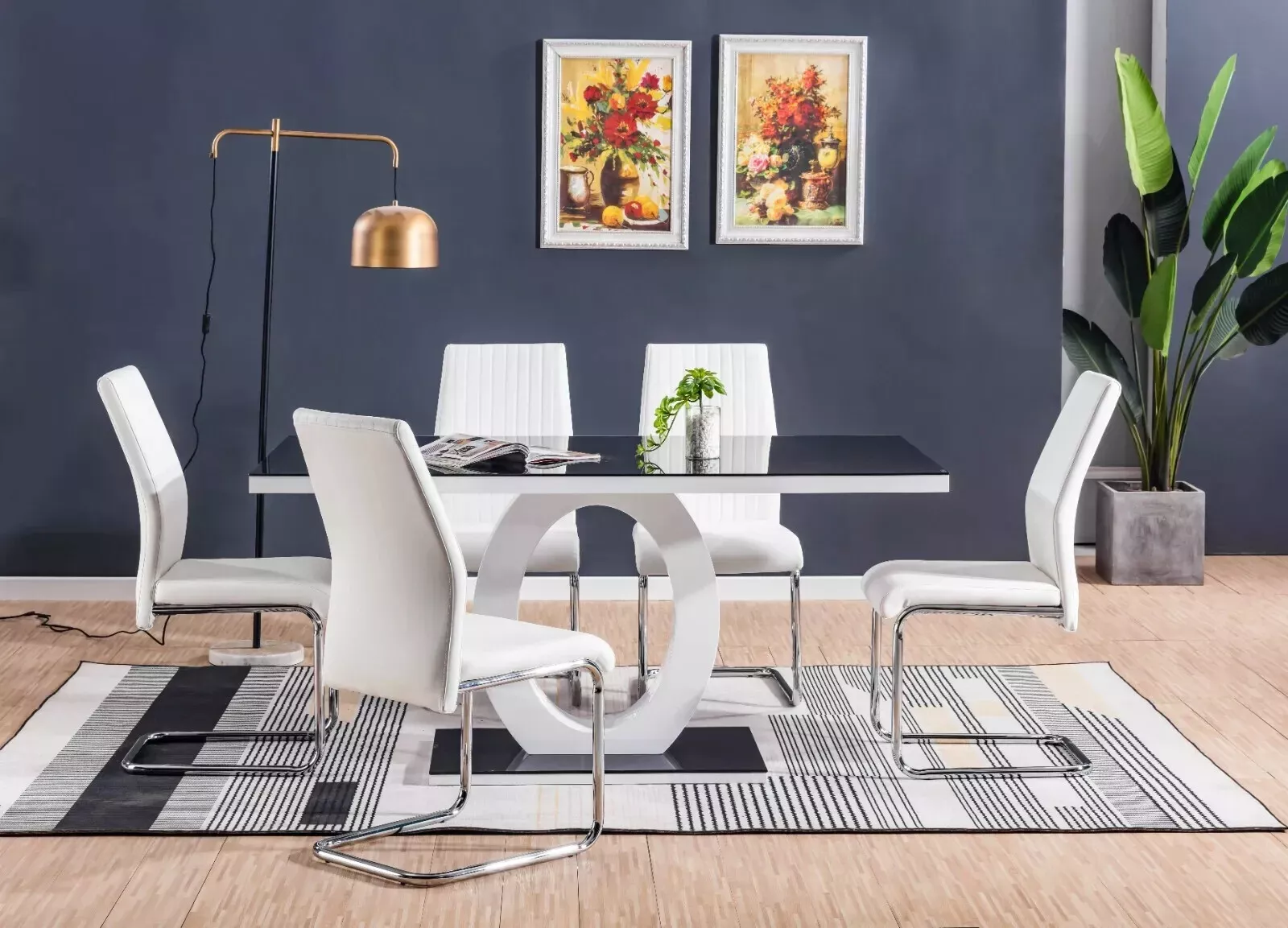 White Gloss Black Glass Dining Table & 6 Faux Leat
